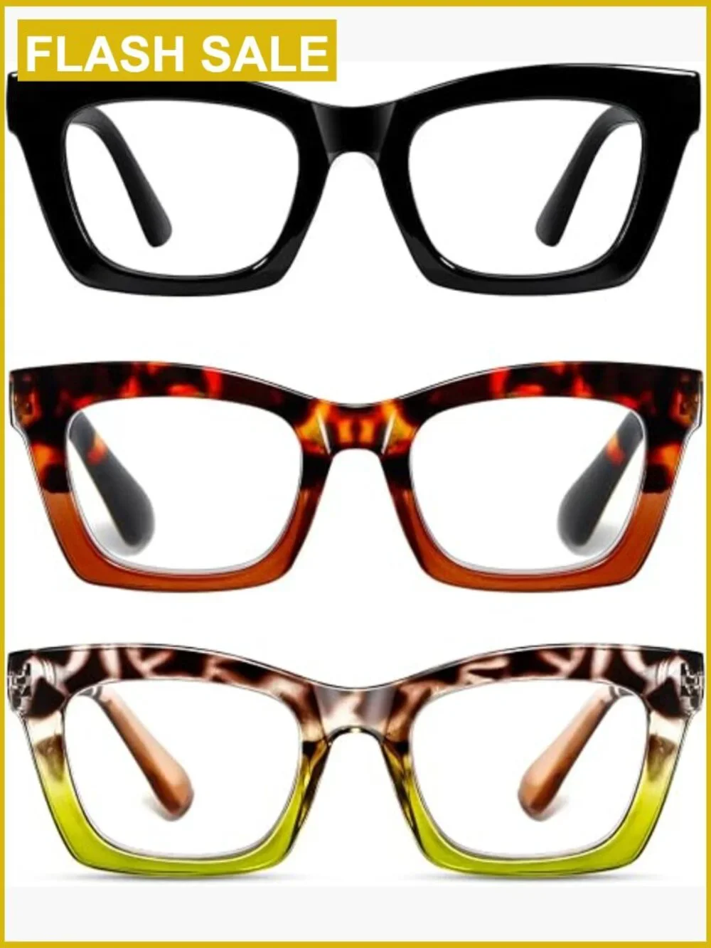 3-Pack Square Reading Glasses Blue Light Blocking Spring Hinge Unisex